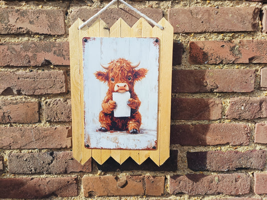 Tin sign Highland cattle with toilet paper roll – Funny toilet decoration, handmade wall sign