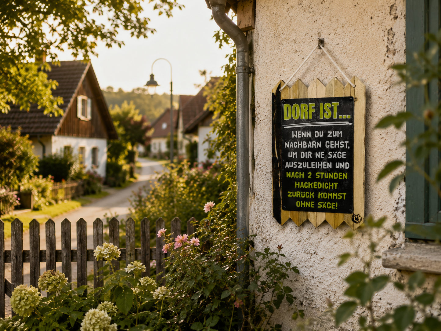Lustiges Blechschild Spruch Türschild Lustiges Schild Dorfleben – Geschenk für Dorfbewohner & Nachbarn