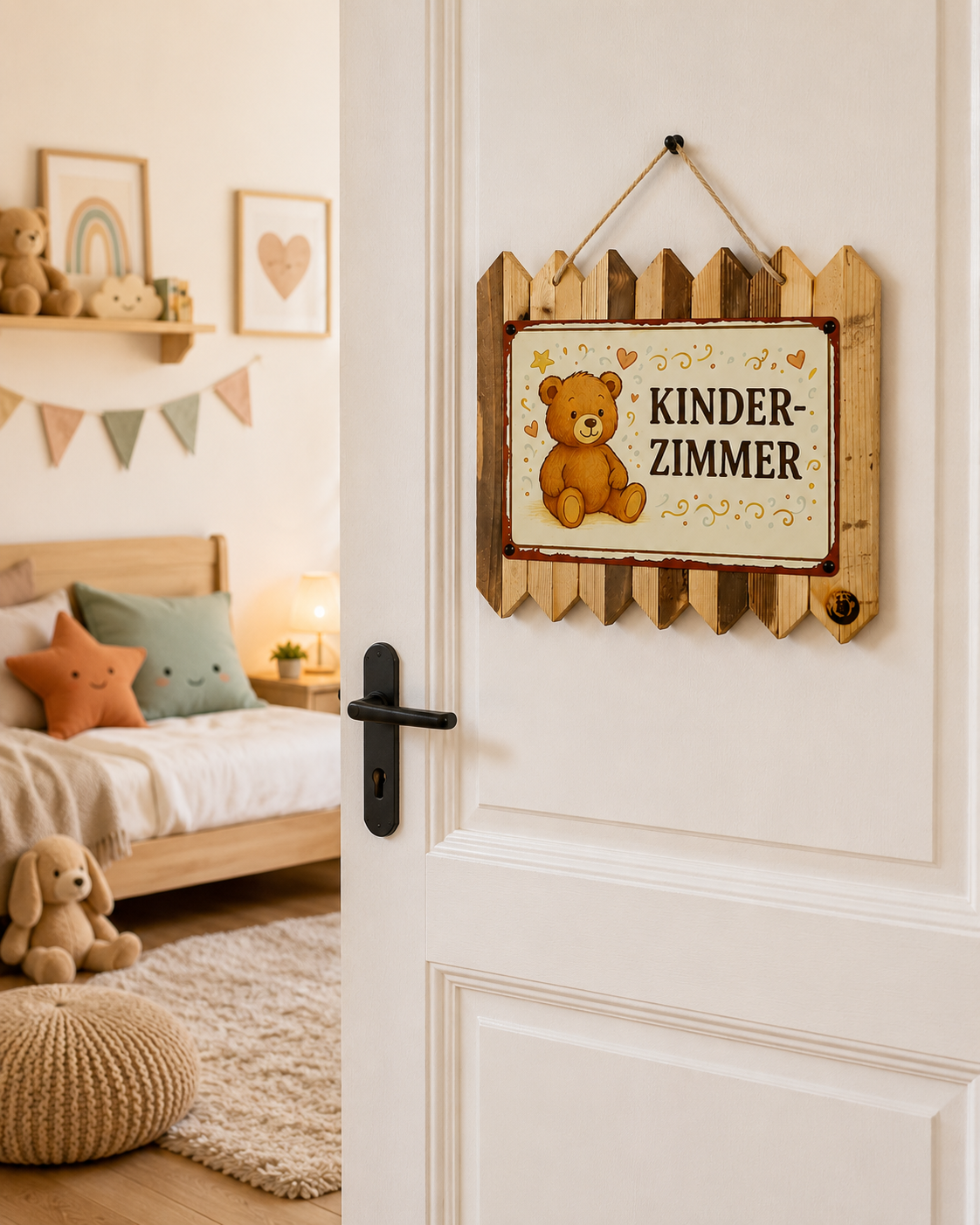 Blechschild Spruch Kinderzimmer | Türschild Kinderzimmer | Teddy Schild auf Altholz | Babyzimmer Deko | Geschenk zur Geburt