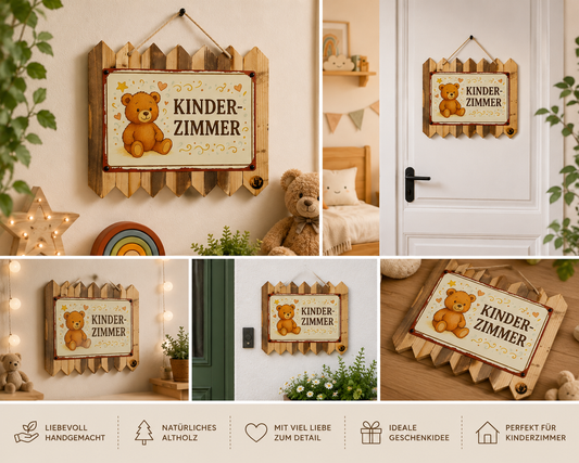 Blechschild Spruch Kinderzimmer | Türschild Kinderzimmer | Teddy Schild auf Altholz | Babyzimmer Deko | Geschenk zur Geburt