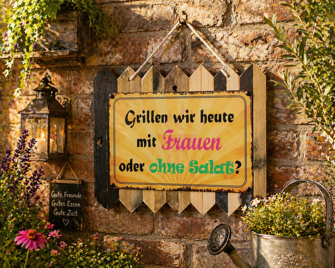 Grillschild Lustig - Grillen wir heute mit Frauen oder ohne Salat? Blechschild auf Altholz BBQ Geschenk Mann
