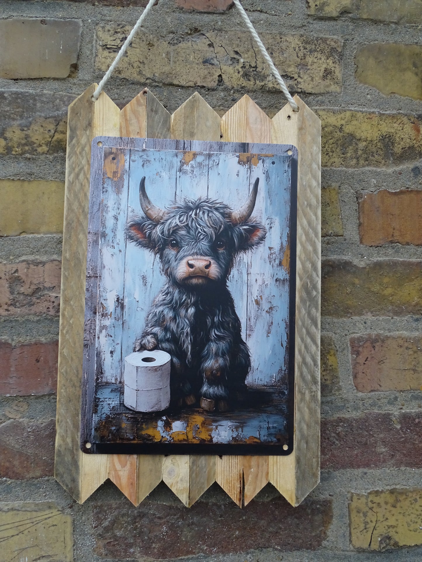 Blechschild „Graues Highland Rind mit Klorolle“ auf Altholz, die süßeste Badezimmer Deko