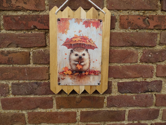 Blechschild - einzigartiger Igel mit Regenschirm - Herbst - Winter Dekoration - handgefertigt auf Altholz