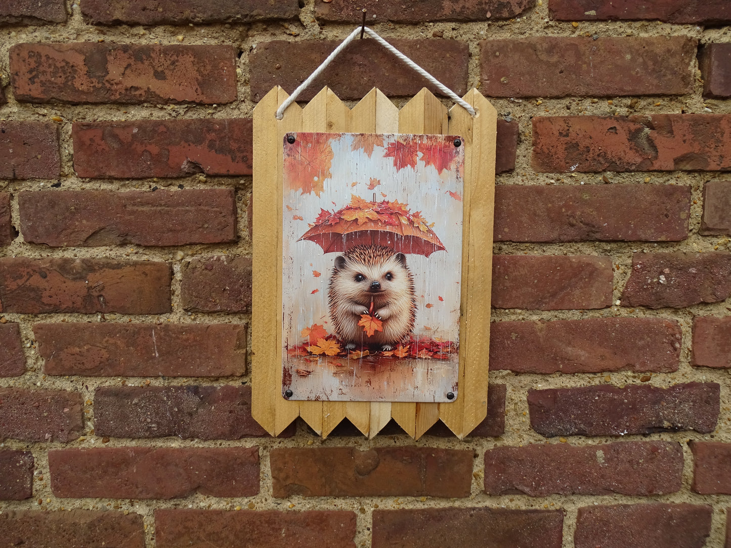 Blechschild Igel Deko – Gartendeko Schild mit Holzrahmen aus Altholz – Wanddeko Garten Terrasse Balkon – Tiermotiv Herbst 40 x 25 cm