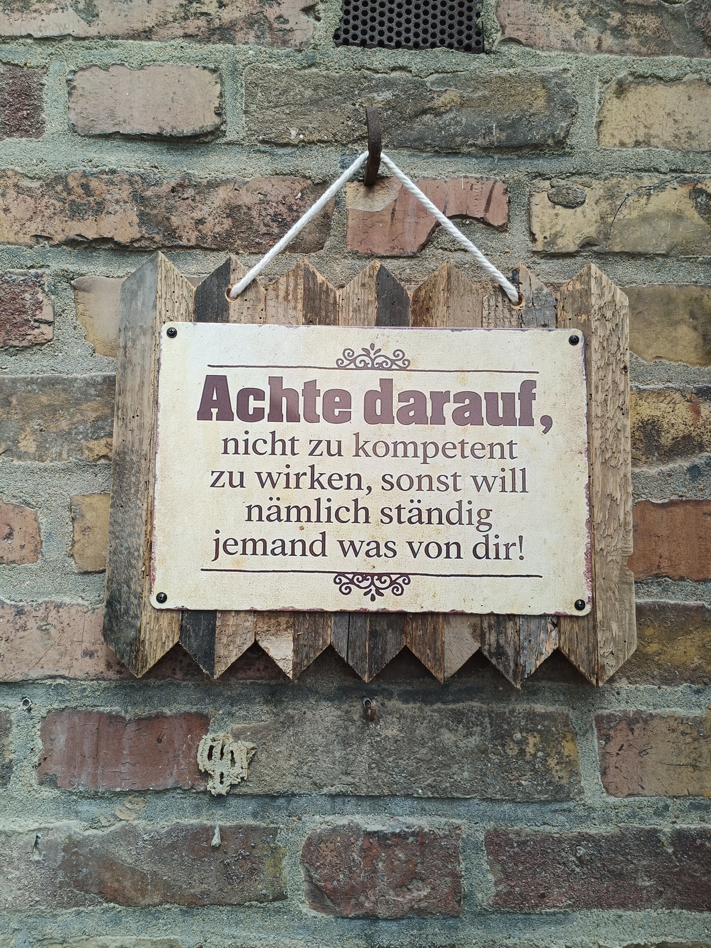 Blechschild " Achte drauf nicht zu Kompetent zu wirken " Handgefertigt auf Altholz