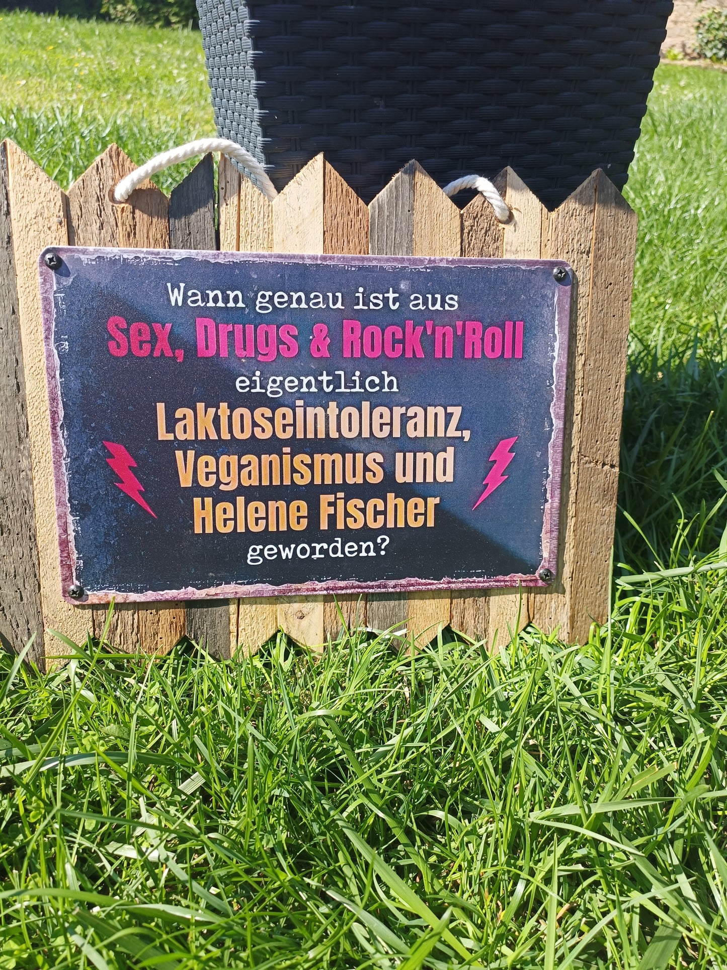 Blechschild „Wann ist aus Sex, Drugs & Rock ’n’ Roll eigentlich Laktoseintoleranz, Veganismus und Helene Fischer geworden? auf Altholz