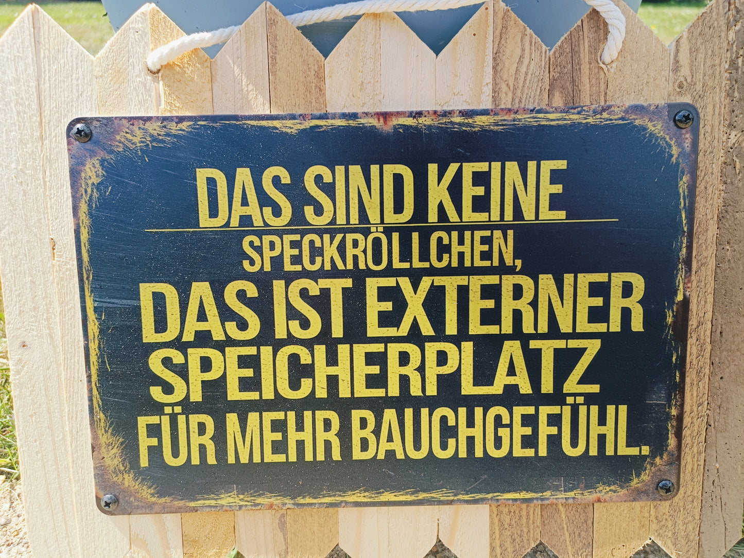 Blechschild „Externer Speicherplatz für mehr Bauchgefühl, auf Altholz