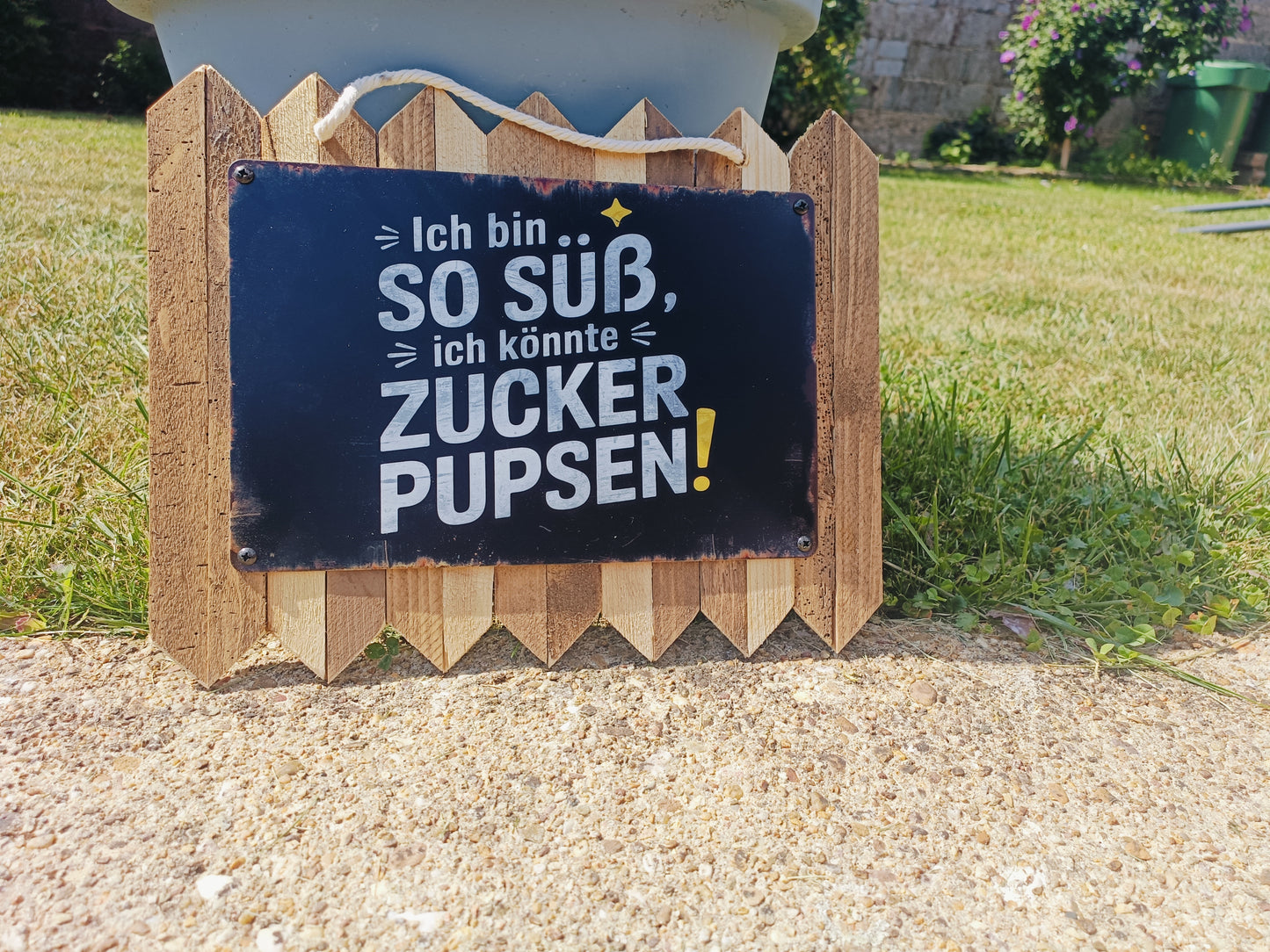 Blechschild „Ich bin so süß, ich könnte Zucker pupsen, auf Altholz