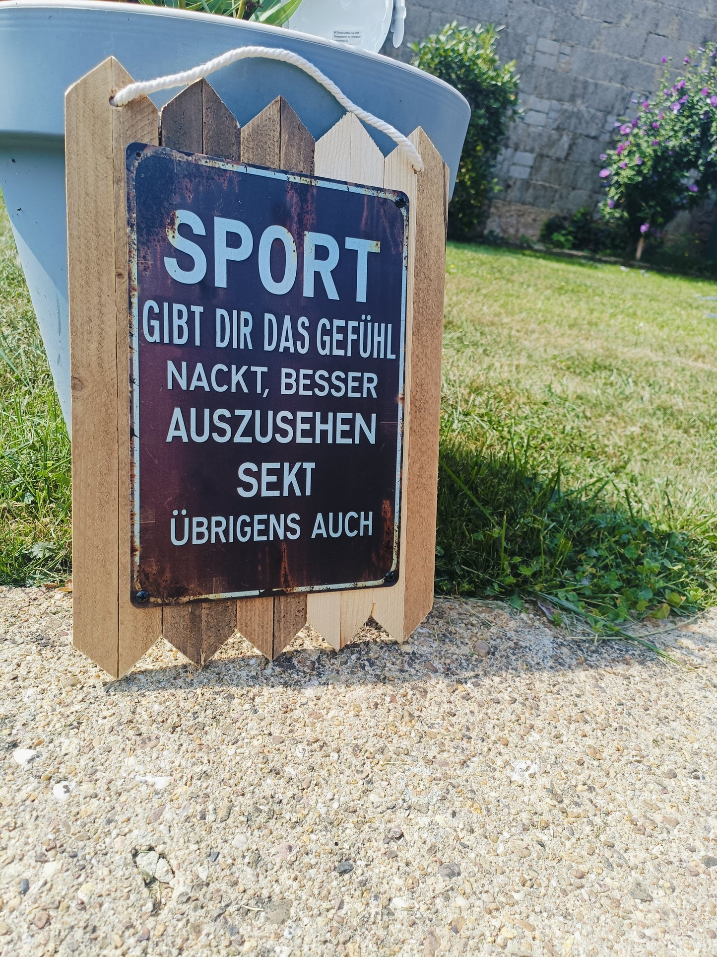 Blechschild „Sport gibt dir das Gefühl, nackt besser auszusehen – Sekt übrigens auch“ – Lustige Deko, auf Altholz