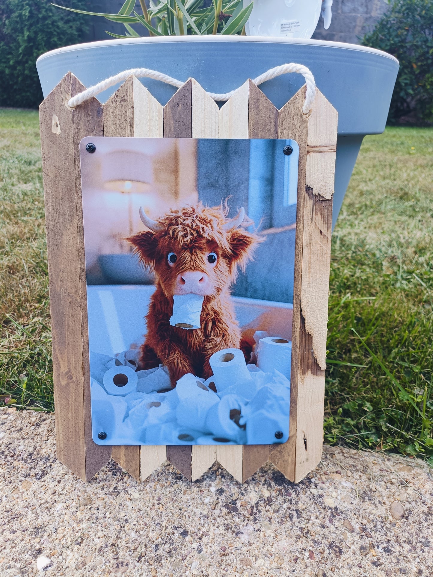Blechschild Highland Rind mit Klopapierrolle – Lustige WC Deko, Handmade Wandschild