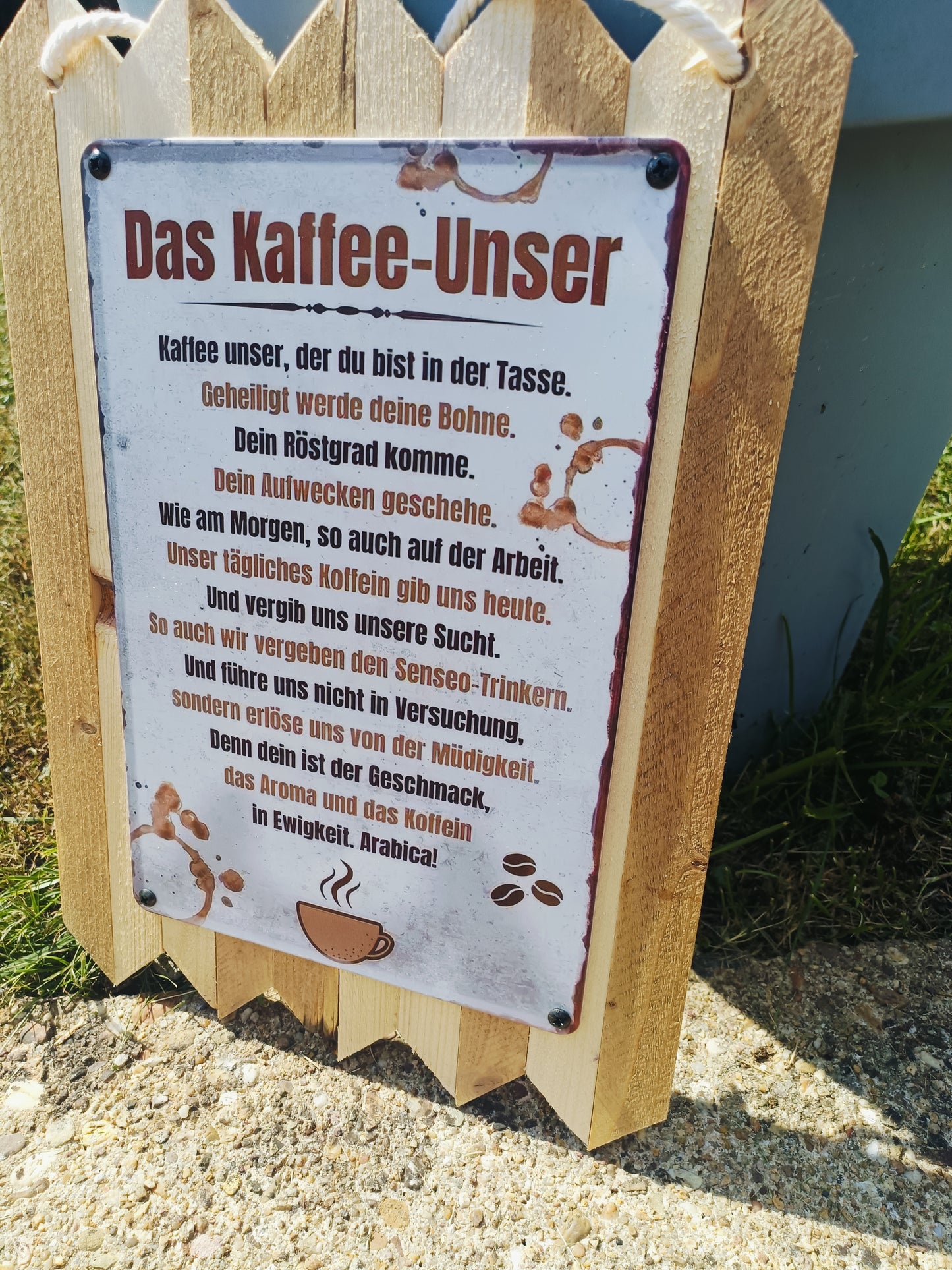 Blechschild „Kaffee Unser, das Ultimative Deko Schild für Kaffee Liebhaber, auf Altholz