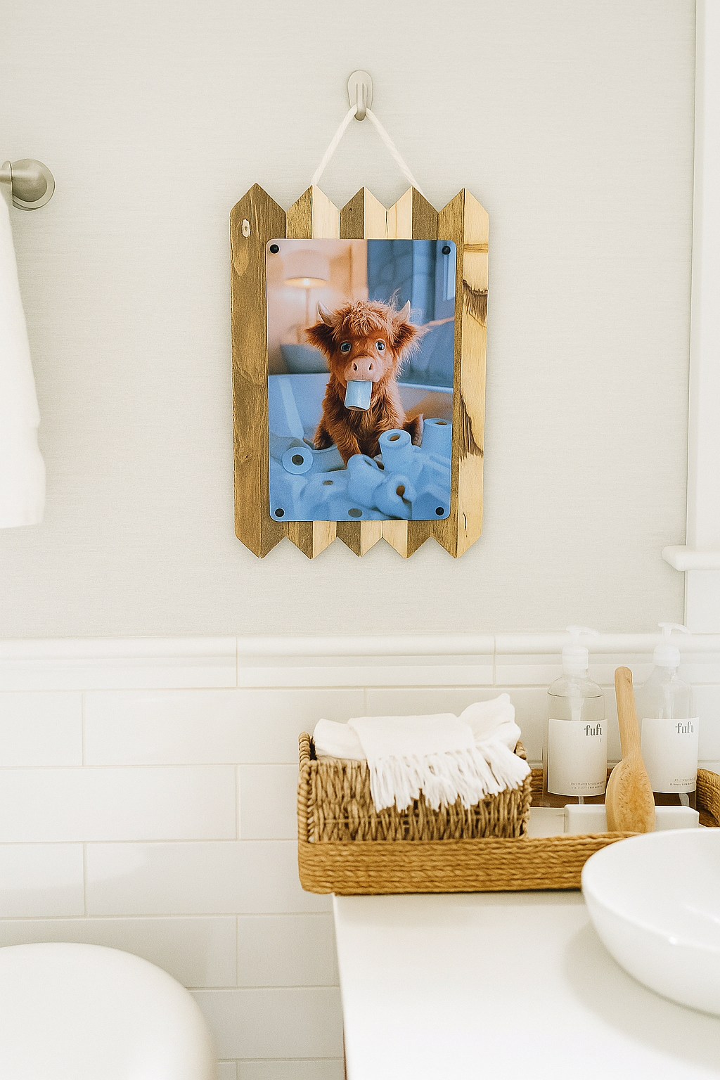 Blechschild Highland Rind mit Klopapierrolle – Lustige WC Deko, Handmade Wandschild