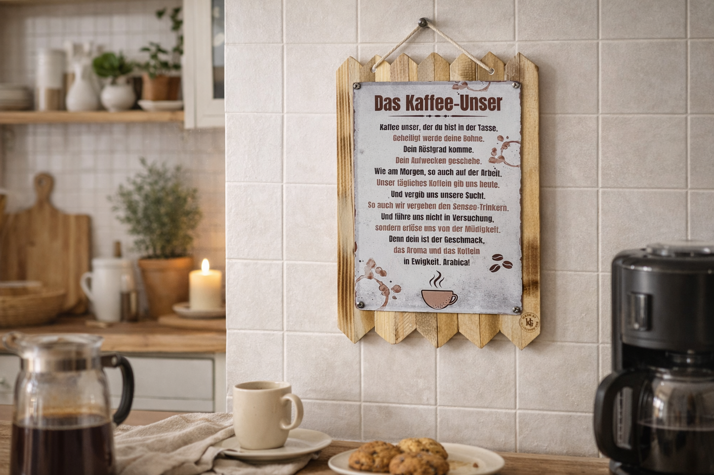 Blechschild Spruch  „Kaffee Unser, das Ultimative Deko Schild für Kaffee Liebhaber, auf Altholz Wanddeko Küche & Büro 40 x 25 cm