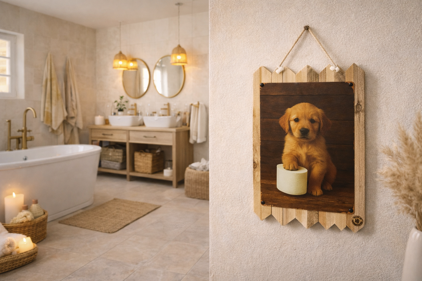 Hunde Blechschild Witzige Hunde Dekoration für Bad & WC Deko auf Altholz  35 x 25 cm