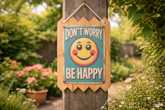 Blechschild Don't Worry Be Happy – Smiley Wanddeko – Schild auf Altholz – Gartendeko Vintage Blechschild 40 x 25 cm