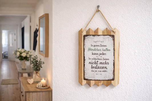 Blechschild  mit Liebs Spruch – In guten Zeiten Händchen halten – Hochzeit Geschenk Altholz