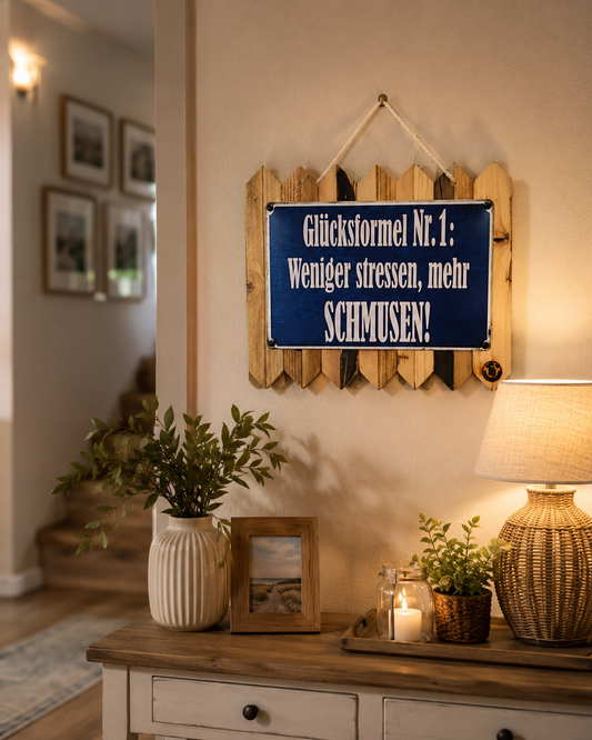 Lustiges Blechschild Spruch – Glücksformel Nr. 1 Weniger stressen mehr schmusen – Humorvolle Wanddeko