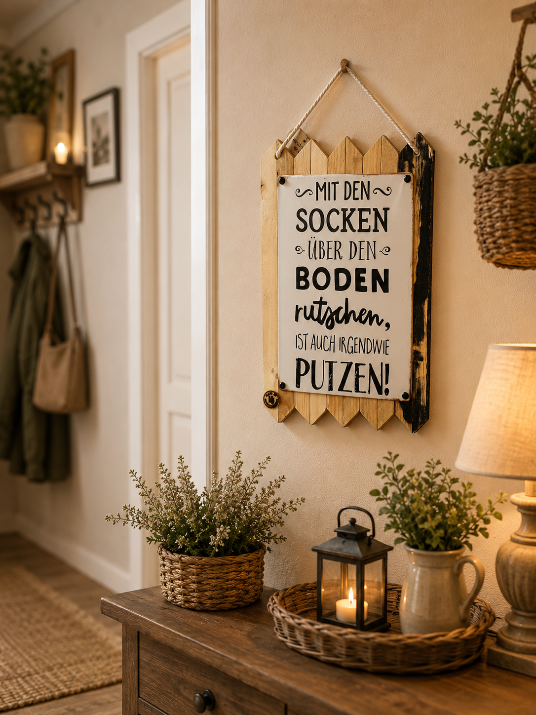 Witziges Blechschild Spruch – Mit den Socken über den Boden rutschen – Lustige Flur Deko Geschenk