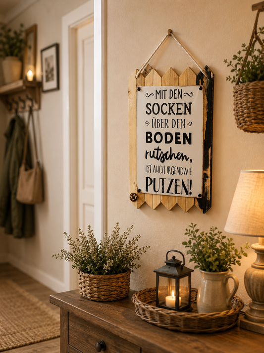 Witziges Blechschild Spruch – Mit den Socken über den Boden rutschen – Lustige Flur Deko Geschenk