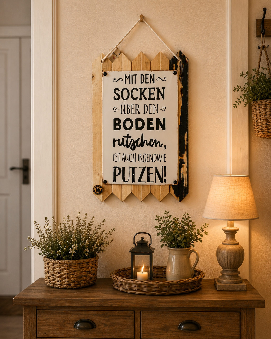 Witziges Blechschild Spruch – Mit den Socken über den Boden rutschen – Lustige Flur Deko Geschenk