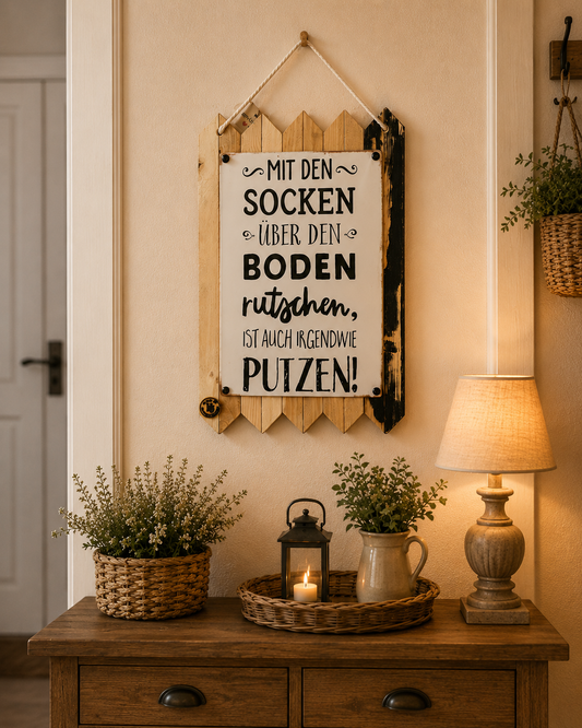 Witziges Blechschild Spruch – Mit den Socken über den Boden rutschen – Lustige Flur Deko Geschenk