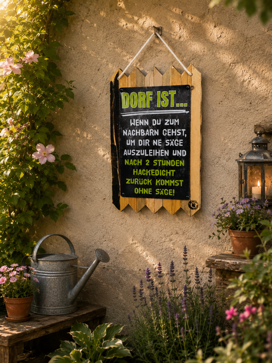 Lustiges Blechschild Spruch Türschild Lustiges Schild Dorfleben – Geschenk für Dorfbewohner & Nachbarn