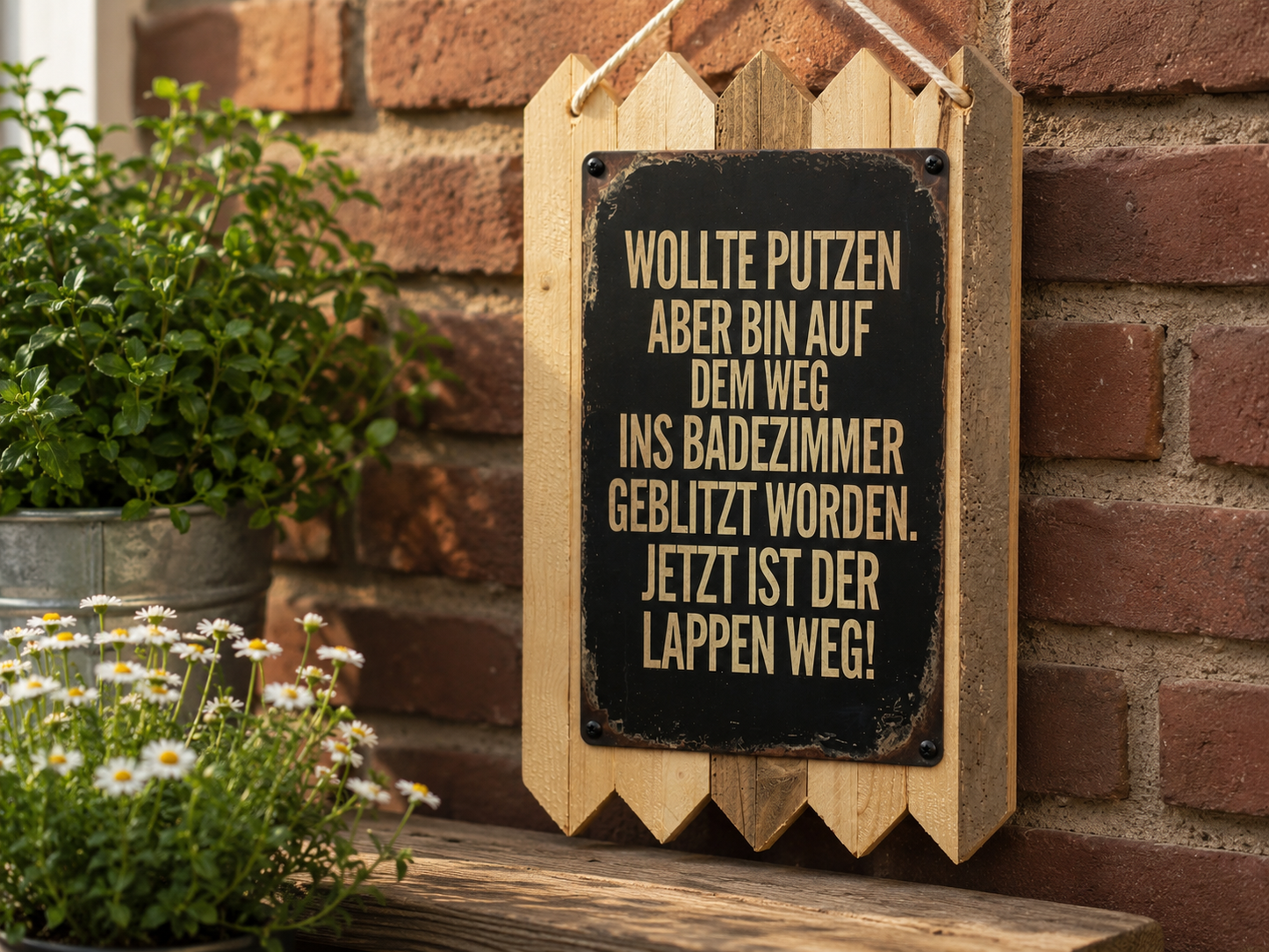 Blechschild Spruch Wollte Putzen, bin geblitzt worden Blechschild mit frechem Spruch – rustikale Wanddekoration auf Altholz