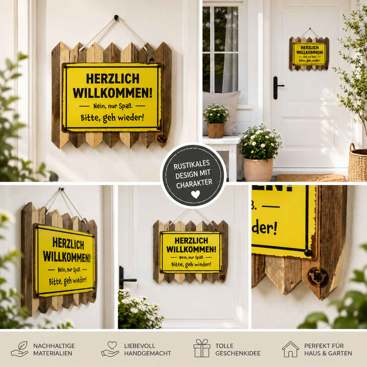 Blechschild mit Spruch | Lustiges Türschild | Herzlich Willkommen | Haustür Deko | Vintage auf Altholz