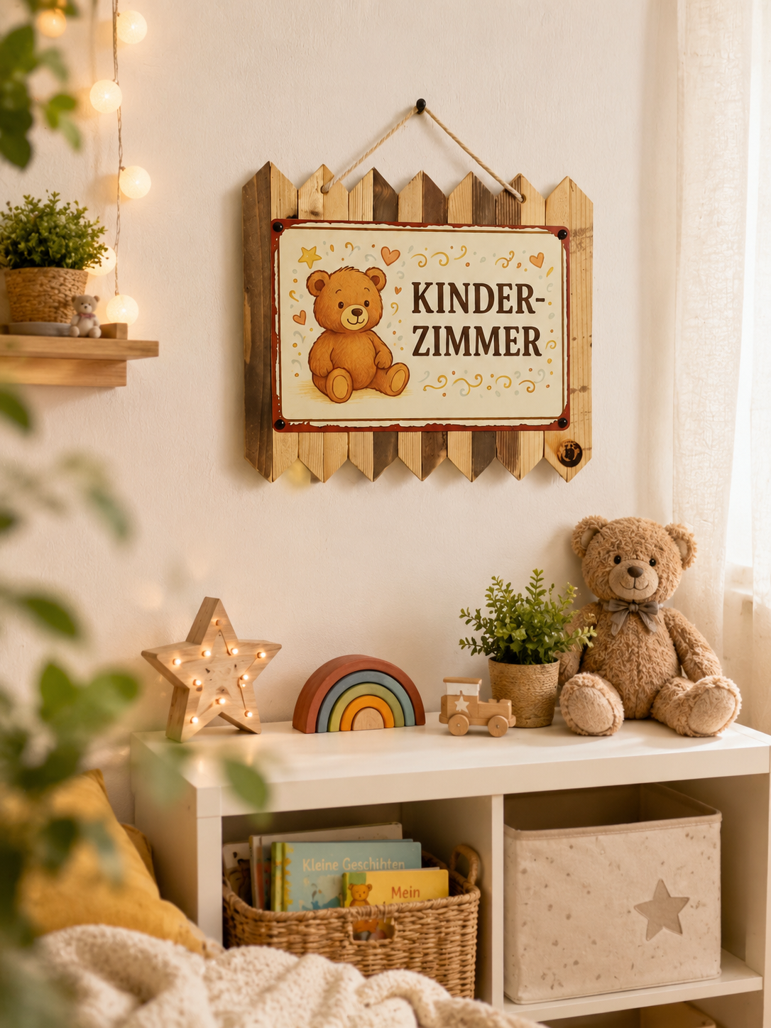 Blechschild Spruch Kinderzimmer | Türschild Kinderzimmer | Teddy Schild auf Altholz | Babyzimmer Deko | Geschenk zur Geburt
