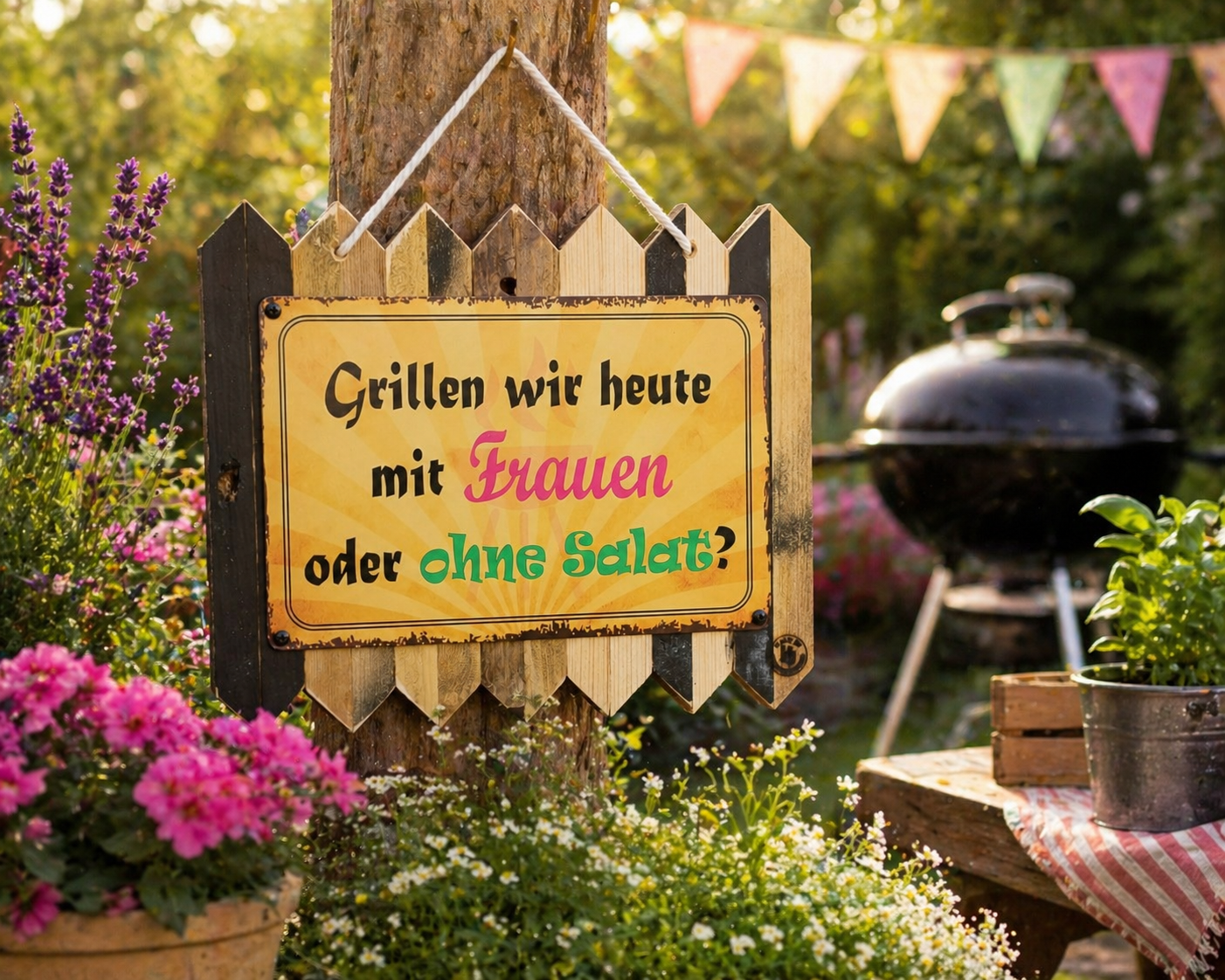 Grillschild Lustig - Grillen wir heute mit Frauen oder ohne Salat? Blechschild auf Altholz BBQ Geschenk Mann