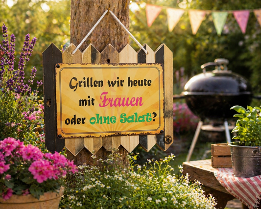 Grillschild Lustig - Grillen wir heute mit Frauen oder ohne Salat? Blechschild auf Altholz BBQ Geschenk Mann