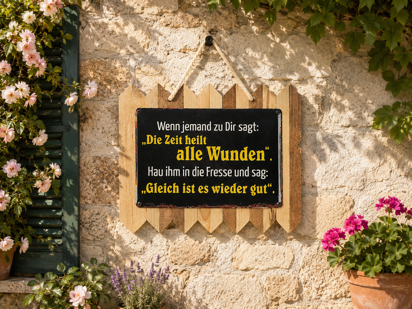 Lustiges Blechschild Spruch – Die Zeit heilt alle Wunden – Humor Schild auf Altholz – Gartendeko Terrasse Männergeschenk