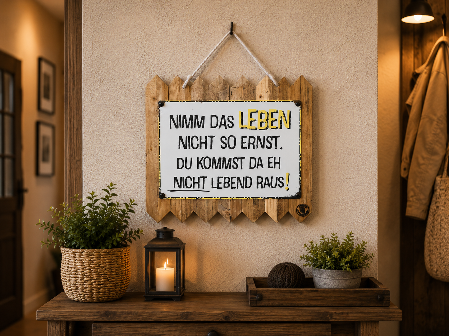 Lustiges Blechschild Flur Deko – Nimm das Leben nicht so ernst – Witzige Geschenkidee – Spruchschild auf Altholz
