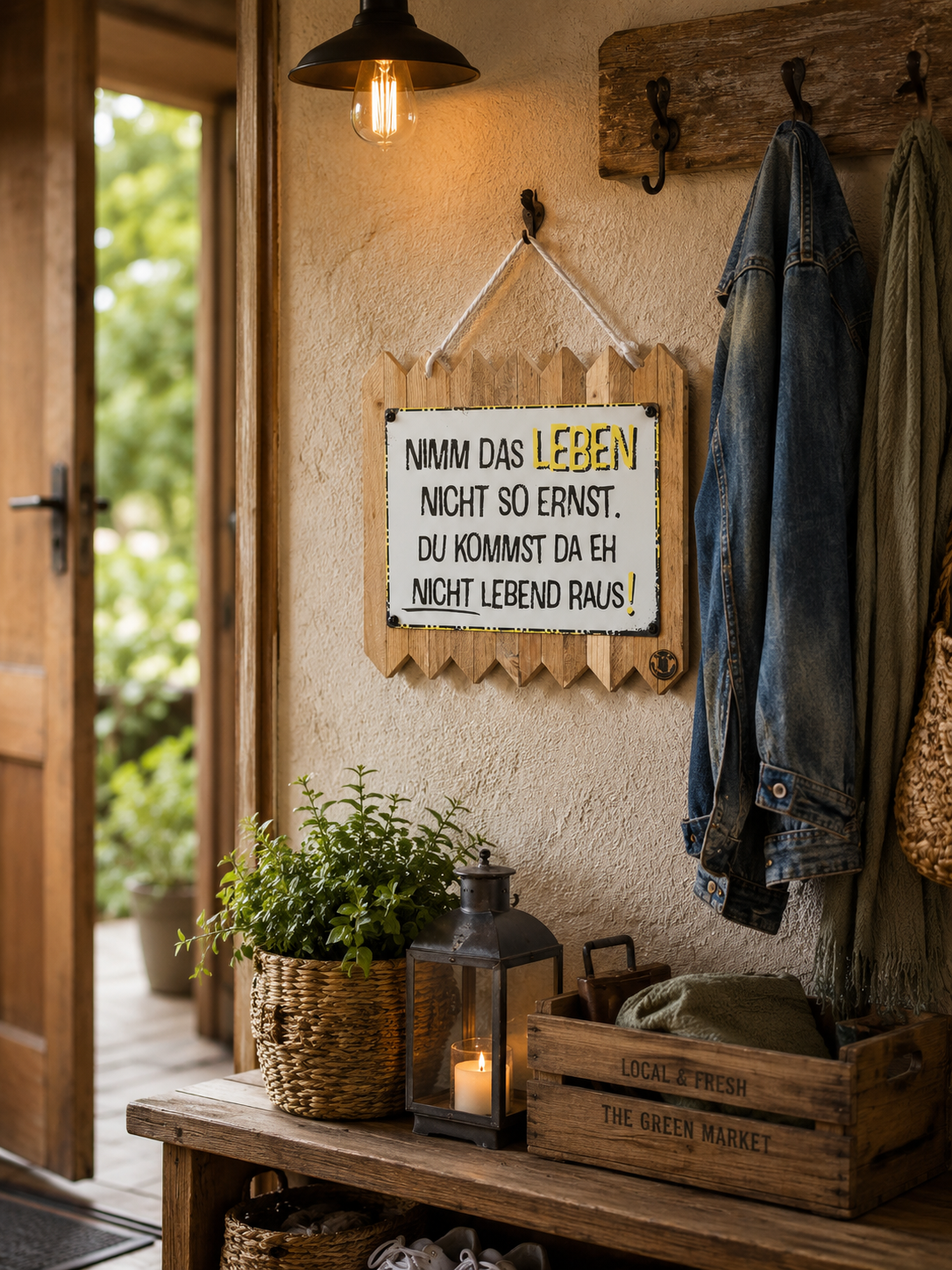 Lustiges Blechschild Flur Deko – Nimm das Leben nicht so ernst – Witzige Geschenkidee – Spruchschild auf Altholz