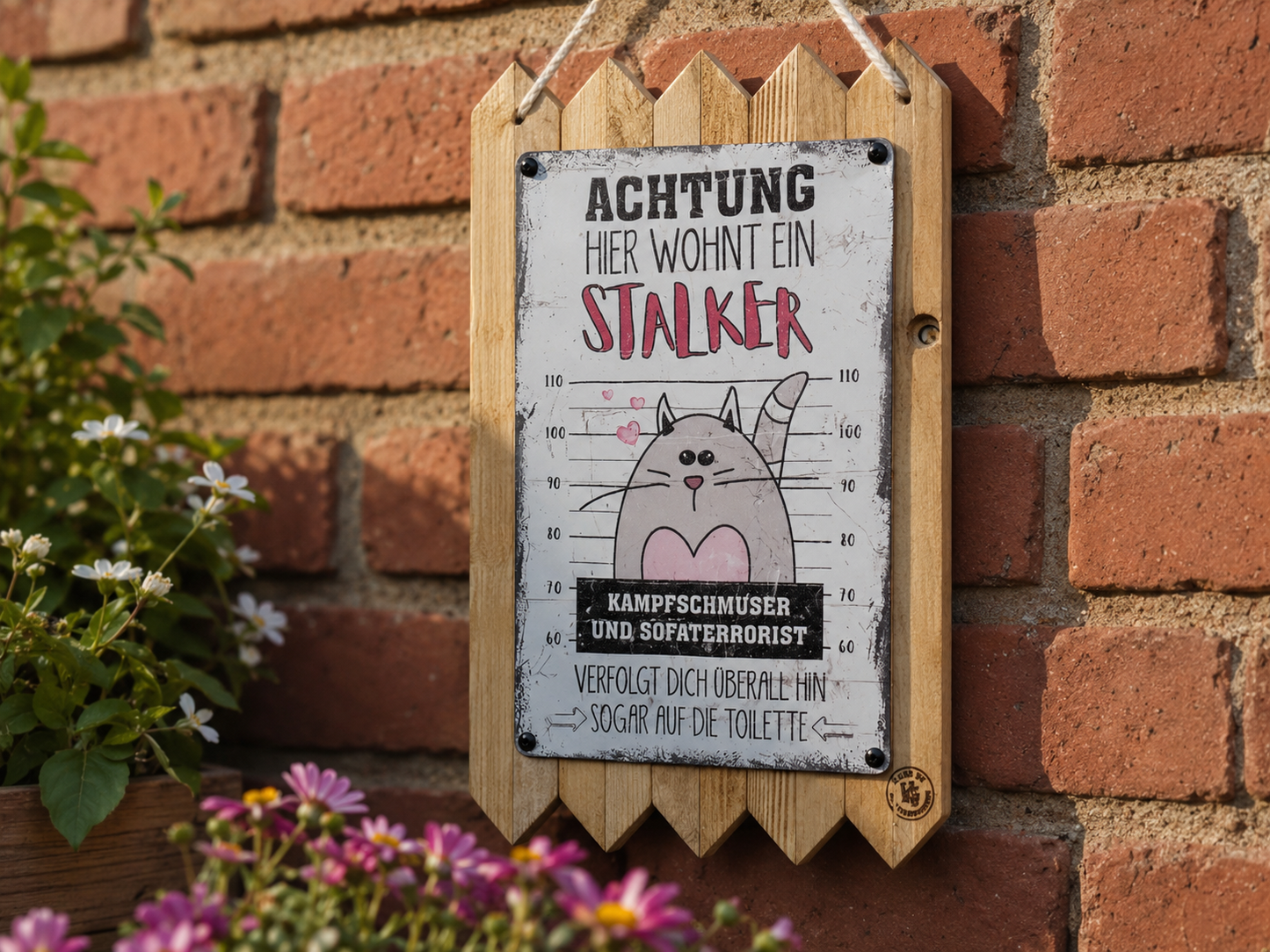 Lustiges Blechschild - Katzenschild Achtung hier wohnt ein Stalker – Geschenk Katzenliebhaber Humor Wanddeko