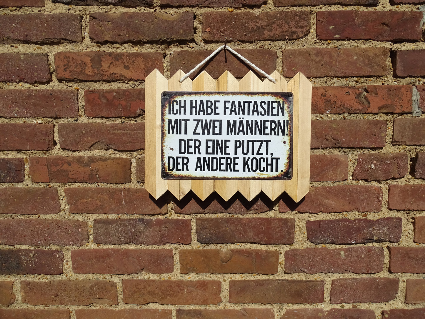 Personalisiertes Blechschild - handgefertigt auf Altholz " Ich habe Fantasien mit 2 Männern"