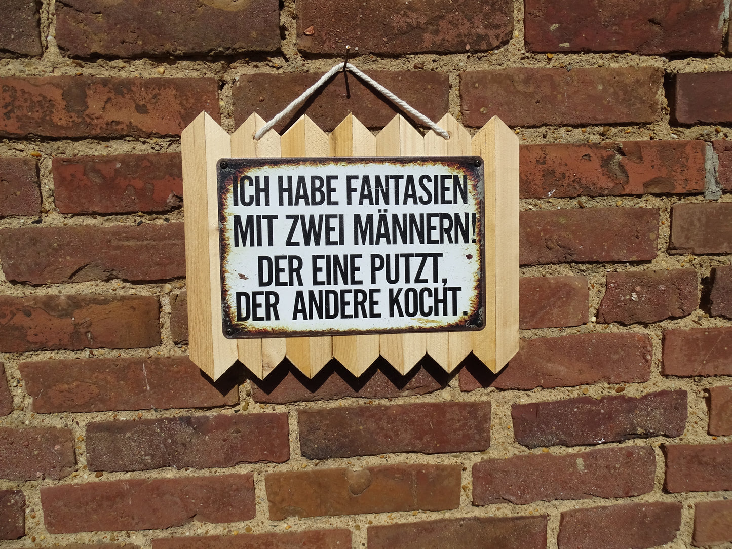 Blechschild " Ich habe Fantasien mit zwei Männern, der eine Putzt.. " Handgefertigt auf Altholz