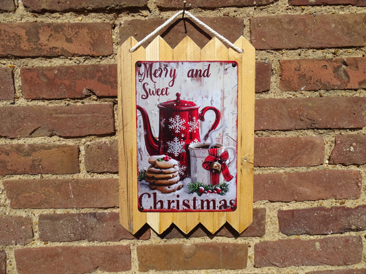 Merry and sweet Christmas - Teekanne und Kekse   - personalisierte Weihnachtsdeko - Blechschild - handgefertigt auf Altholz