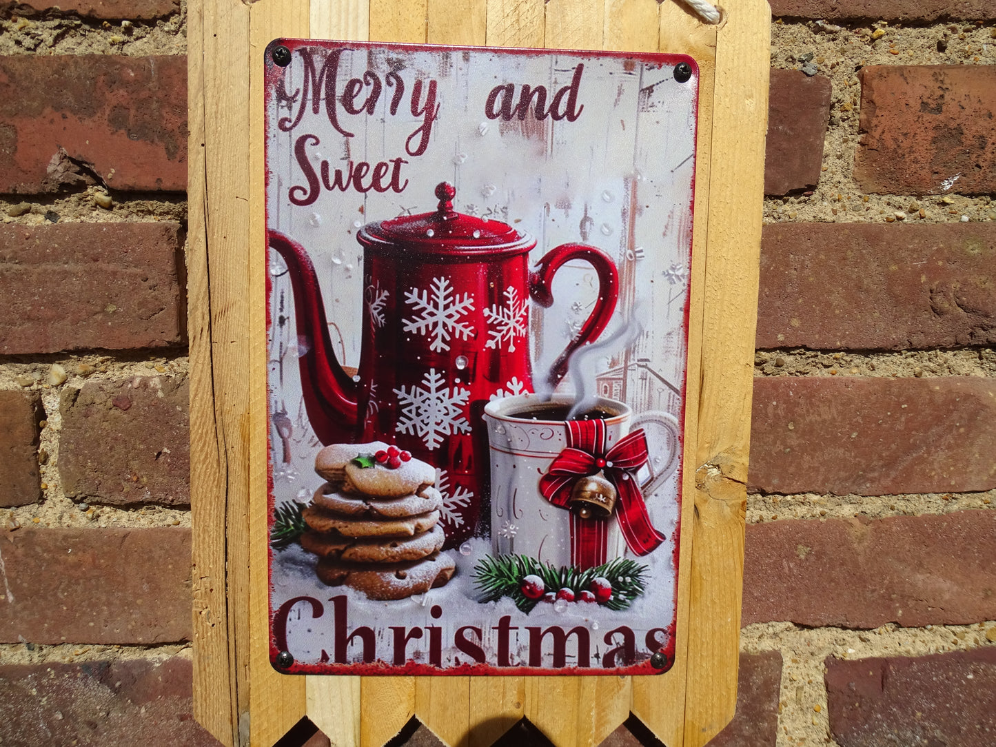 Merry and sweet Christmas - Teekanne und Kekse   - personalisierte Weihnachtsdeko - Blechschild - handgefertigt auf Altholz