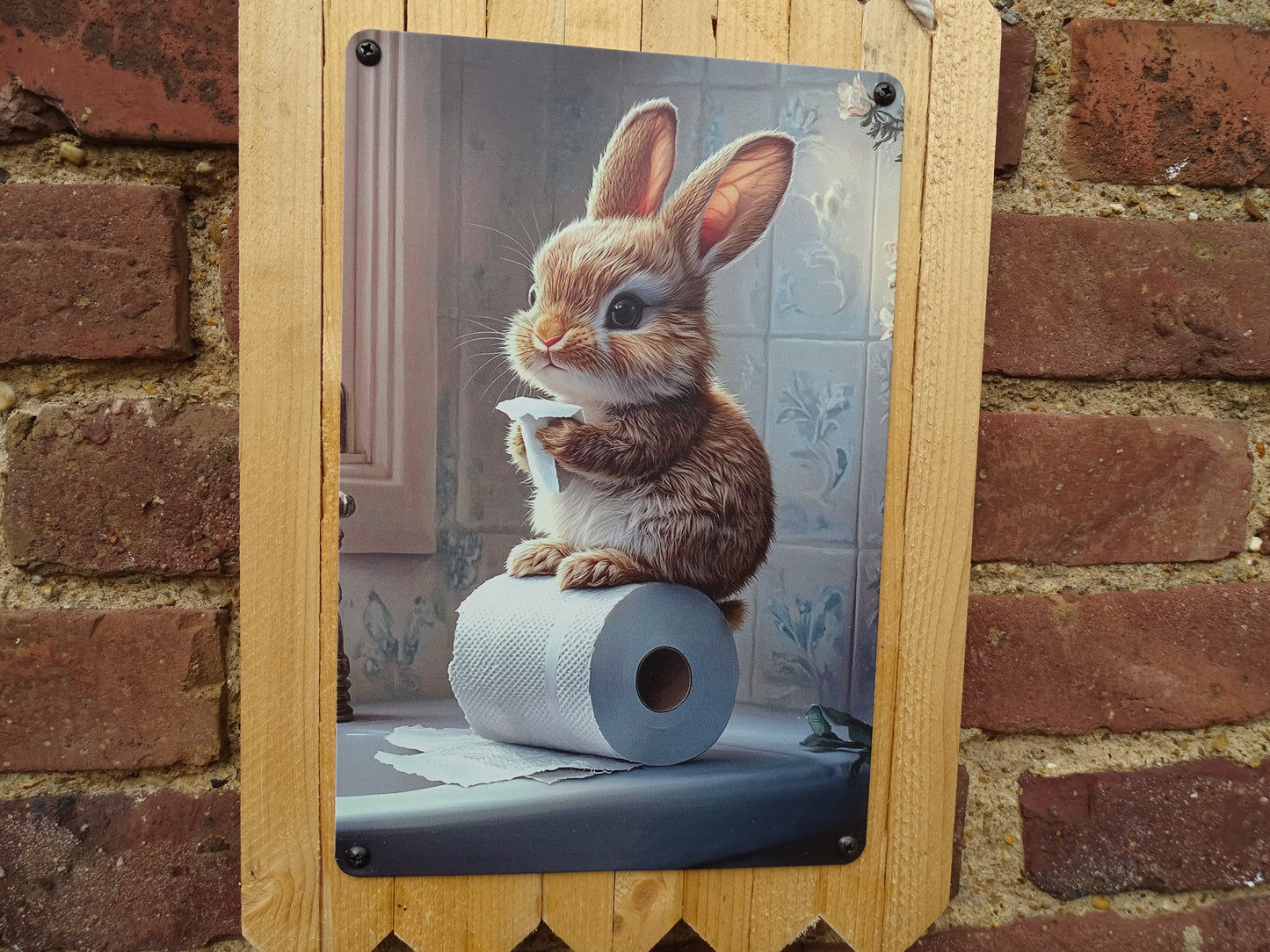 Blechschild " Hase auf Klorolle " Badezimmer Deko / Gäste Wc - Handgefertigt auf Altholz