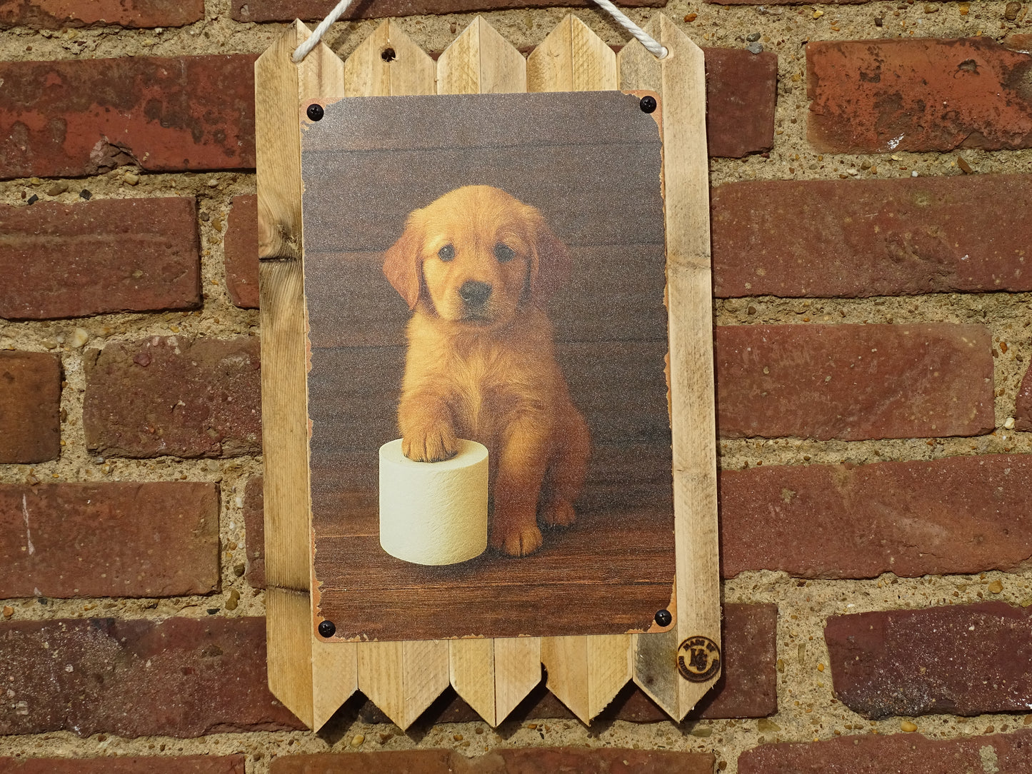 Hunde Blechschild Witzige Hunde Dekoration für Bad & WC Deko auf Altholz  35 x 25 cm