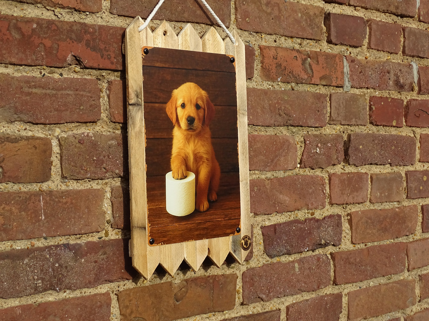 Hunde Blechschild Witzige Hunde Dekoration für Bad & WC Deko auf Altholz  35 x 25 cm