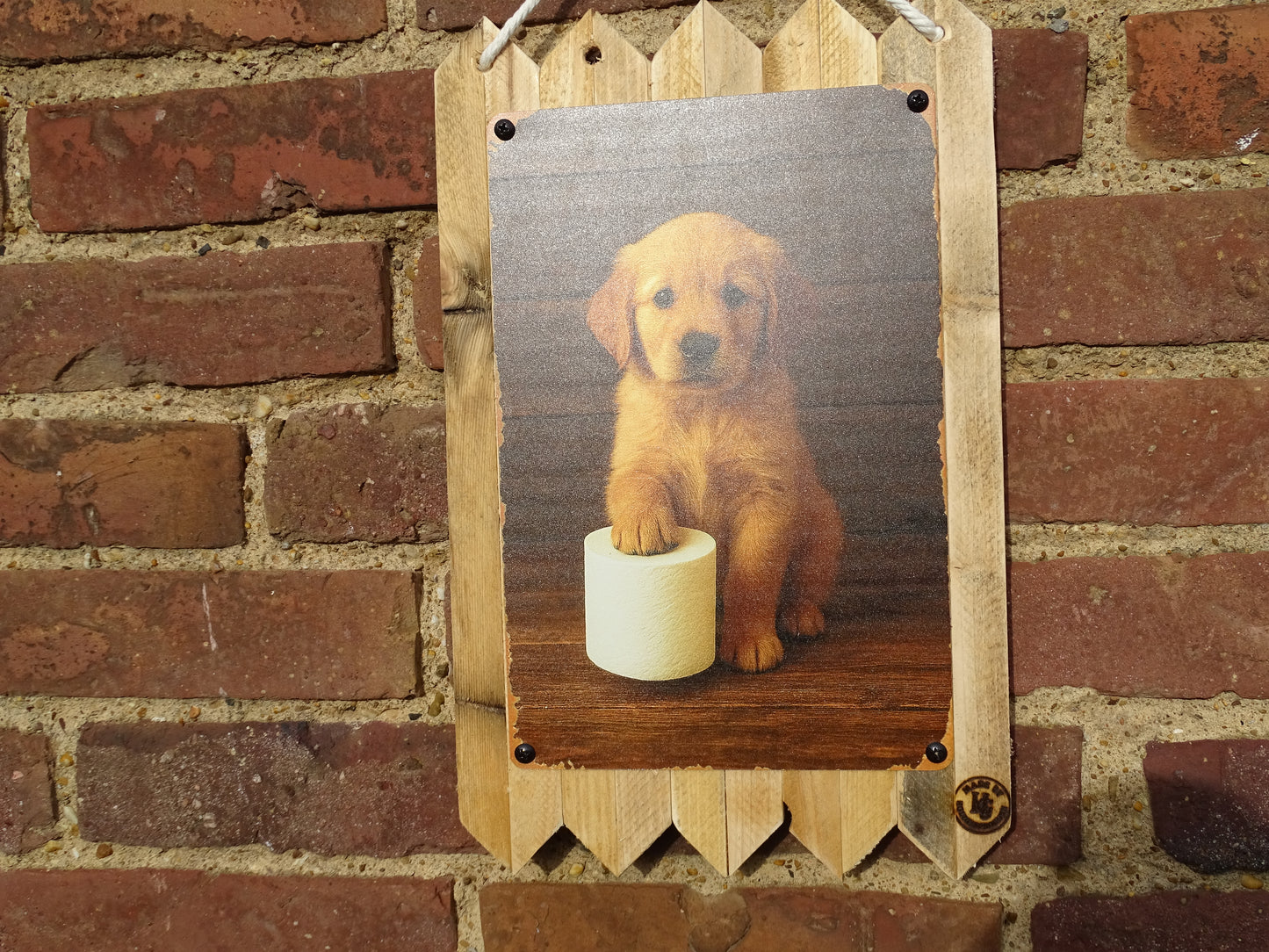 Hunde Blechschild Witzige Hunde Dekoration für Bad & WC Deko auf Altholz  35 x 25 cm
