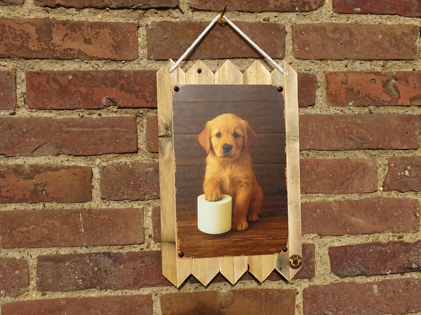 Hunde Blechschild Witzige Hunde Dekoration für Bad & WC Deko auf Altholz  35 x 25 cm