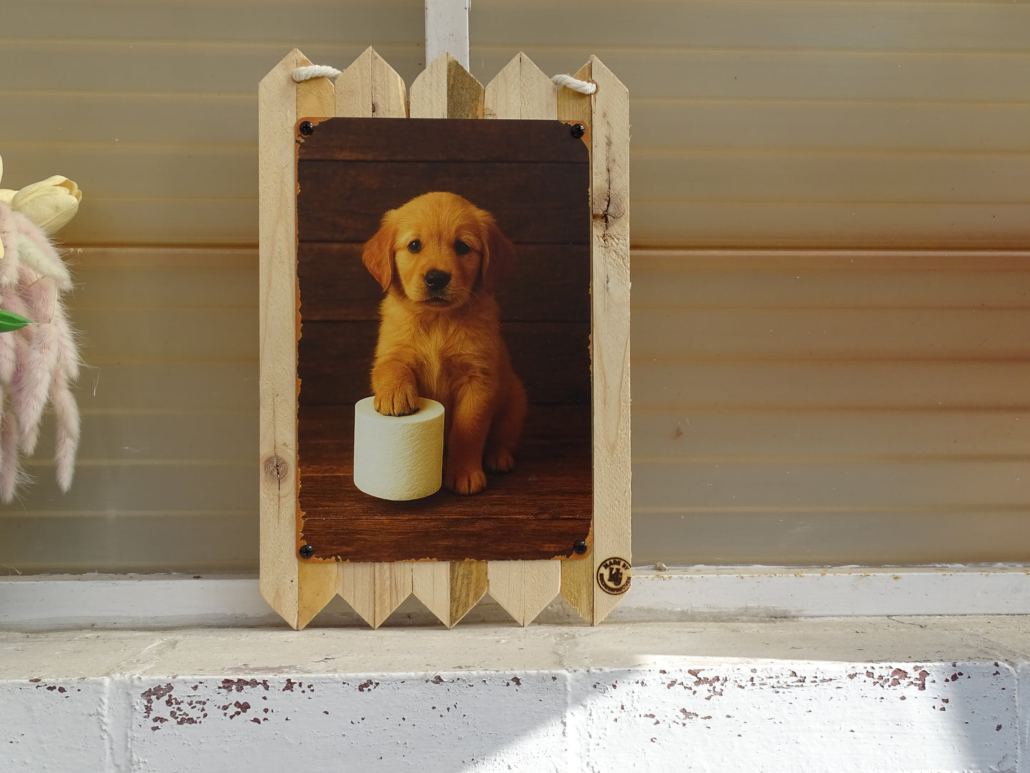 Hunde Blechschild Witzige Hunde Dekoration für Bad & WC Deko auf Altholz  35 x 25 cm
