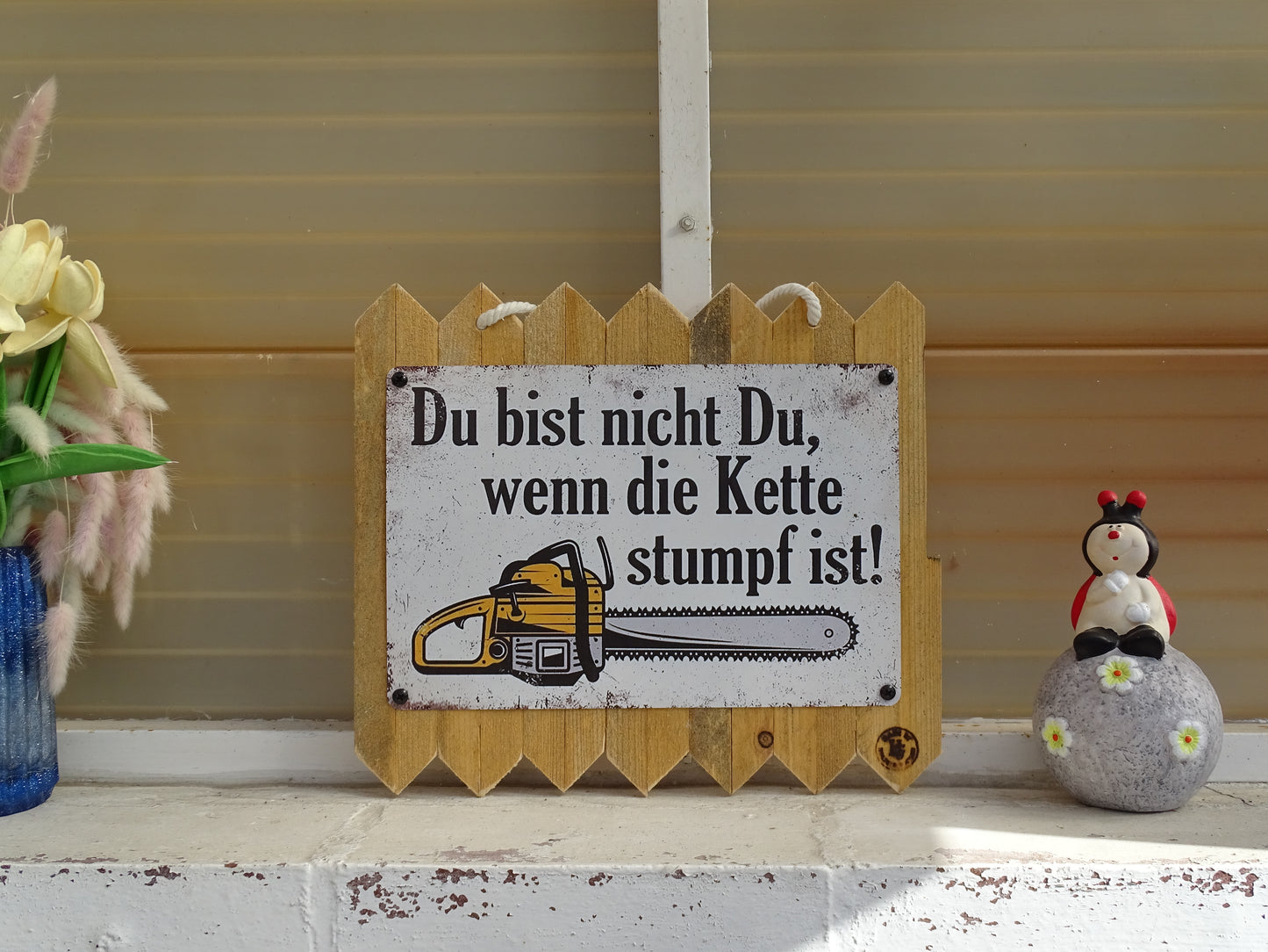 Blechschild Spruch Kettensäge Schild lustig – Geschenk Mann Holzfäller – Blechschild auf Altholz – Werkstatt Deko Motorsäge Spruch