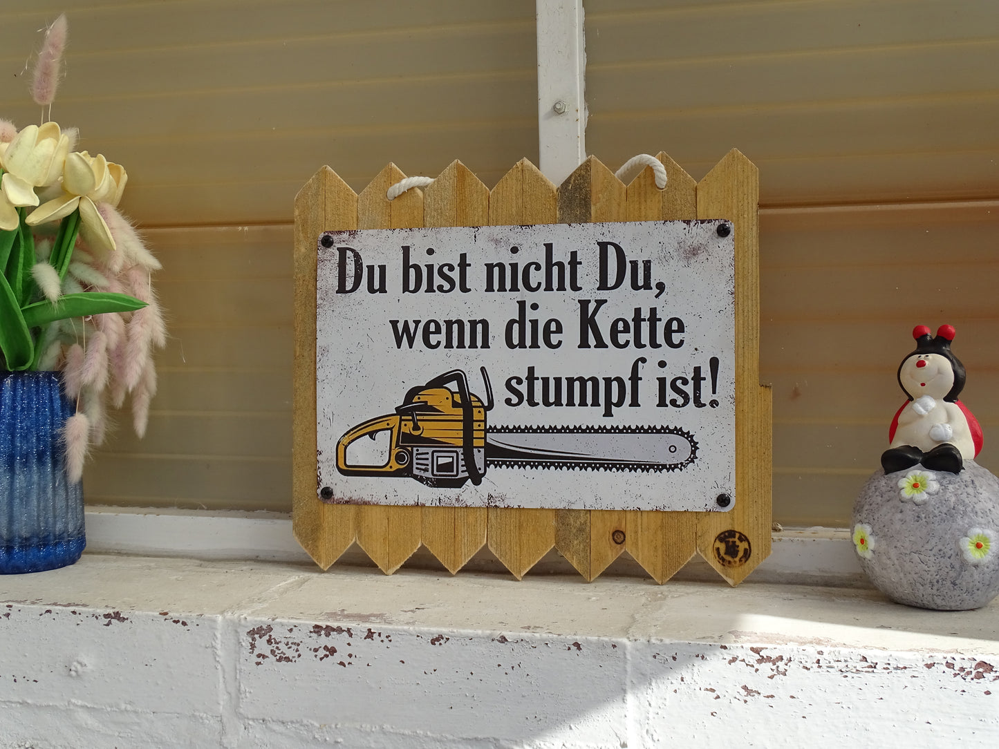 Blechschild Spruch Kettensäge Schild lustig – Geschenk Mann Holzfäller – Blechschild auf Altholz – Werkstatt Deko Motorsäge Spruch