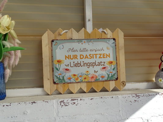 Blechschild auf Altholz - Lieblingsplatz einfach nur da sitzen -Lustige Vintage-Wanddeko & Geschenkidee 35 x 25 cm