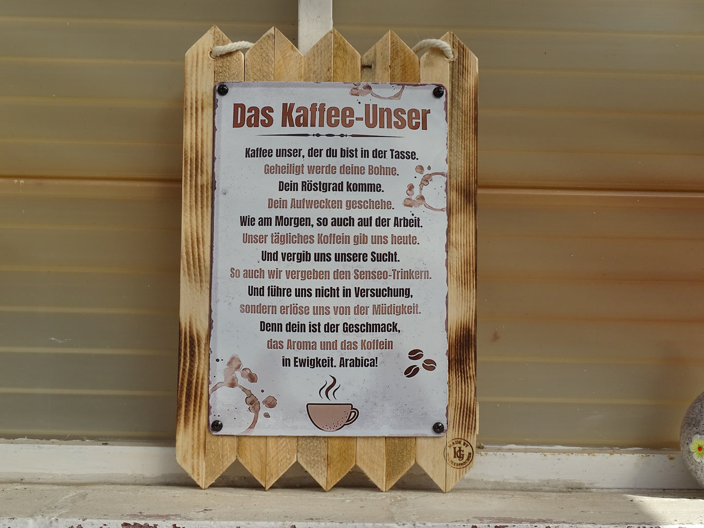 Blechschild Spruch  „Kaffee Unser, das Ultimative Deko Schild für Kaffee Liebhaber, auf Altholz Wanddeko Küche & Büro 40 x 25 cm