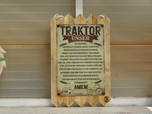 Blechschild auf Altholz das Traktor Unser lustige Vintage Wanddeko und Geschenkidee  40 x 25 cm